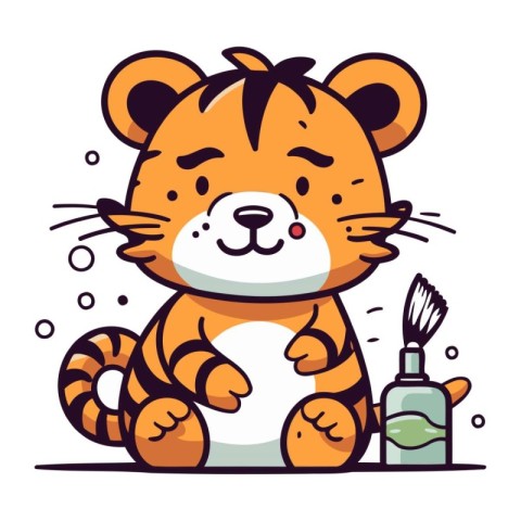 Cute cartoon tiger with bottle of water and brush. Vector illust