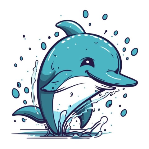 Cute cartoon dolphin. Vector illustration of a dolphin in water.