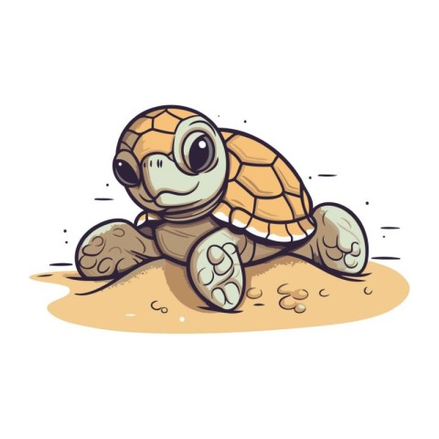 Cute cartoon turtle on the sand. Vector illustration isolated on