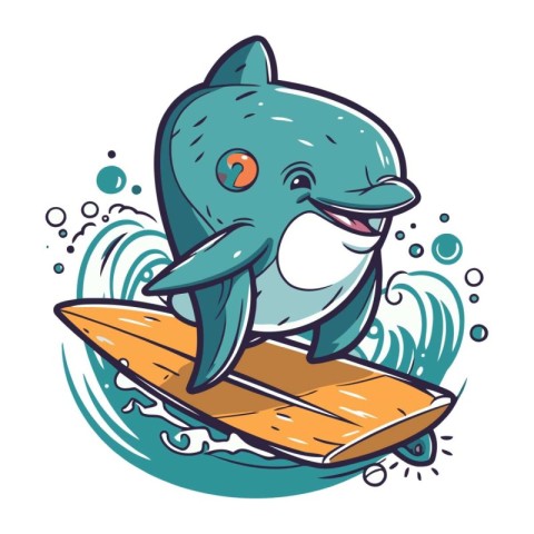 Cute cartoon shark rides on a surfboard. Vector illustration.