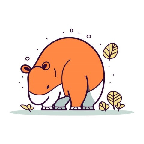 Cute cartoon hippopotamus with autumn leaves. Vector illustratio