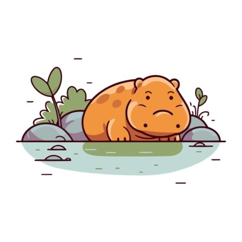 Cute hippopotamus sleeping in the river. Vector illustration.