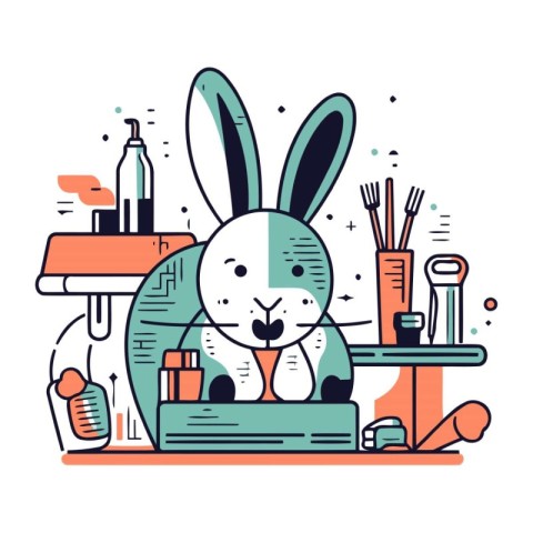 Vector illustration of a hare in a veterinary clinic. Pet care c