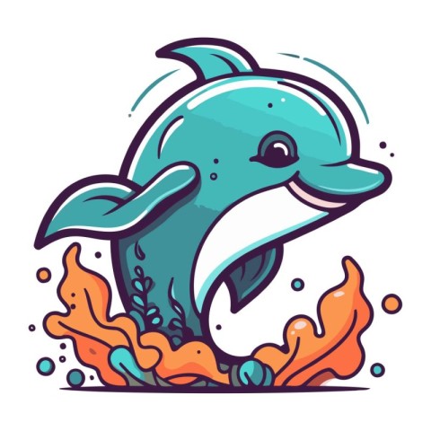 Cartoon dolphin swimming in the sea. Vector illustration of a cu