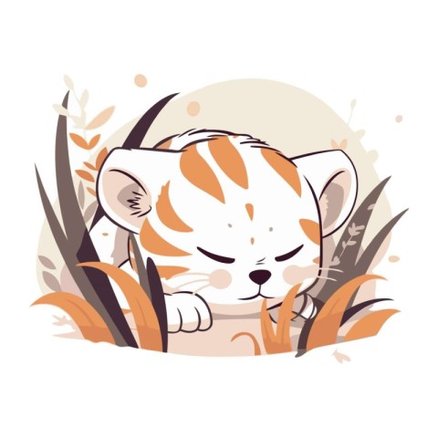 Cute little tiger sleeping in the grass. Cartoon vector illustra