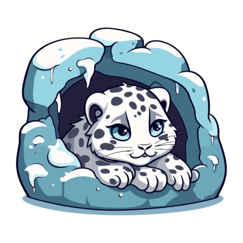 Cute cartoon snow leopard in a snow cave. Vector illustration.