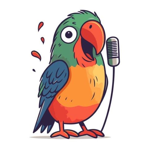 Parrot singing with a microphone. Vector illustration isolated o