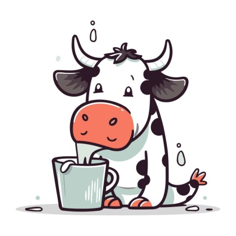 Cute cow drinking milk from a mug. Vector cartoon illustration.