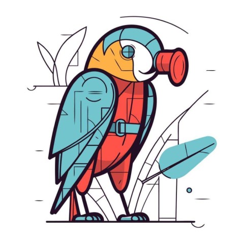 Parrot with binoculars. Vector illustration in linear style.