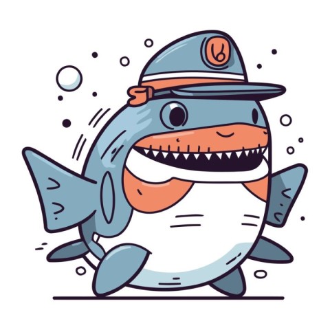 Cute cartoon shark with a cap. Funny character. Vector illustrat