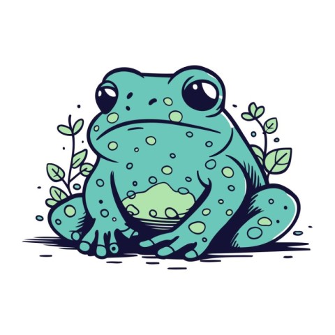 Cute cartoon frog sitting on the ground. Hand drawn vector illus