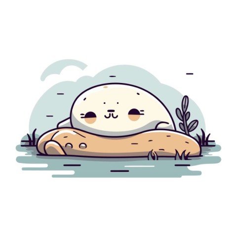 Cute kawaii smiling panda on the rock. Vector illustration.