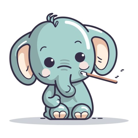 Cute cartoon elephant with a stick in his mouth. Vector illustra