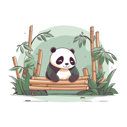 Cute cartoon panda sitting in bamboo basket. Vector illustration