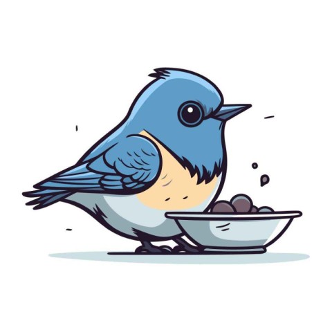 Vector illustration of a cute blue bird with a bowl of food.