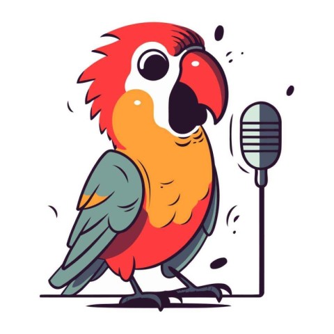 Vector illustration of a cute parrot singing a song with a micro