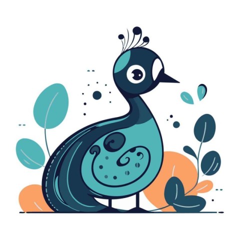 Peacock. Cute cartoon vector illustration. Flat design.