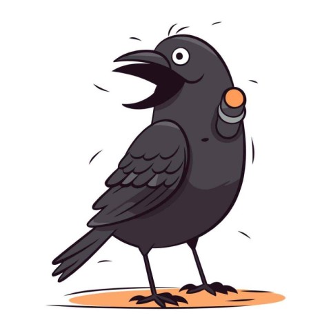 Cute black crow isolated on white background. Vector cartoon ill