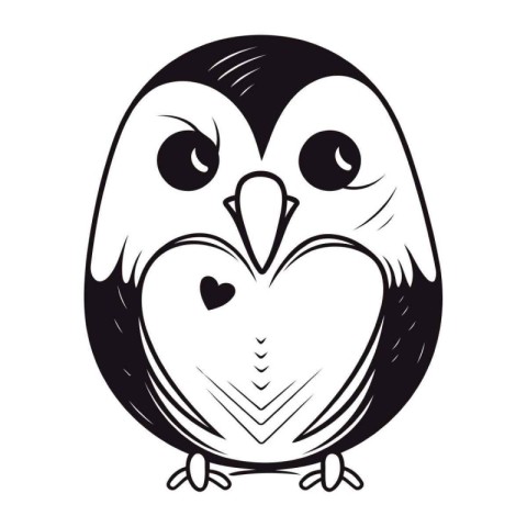 Owl with heart in his beak. Black and white vector illustration.