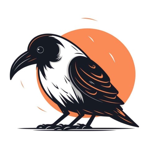 Vector illustration of a crow with orange sun on the background.