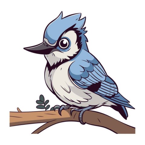 Cartoon blue jay bird on a branch. Vector illustration.