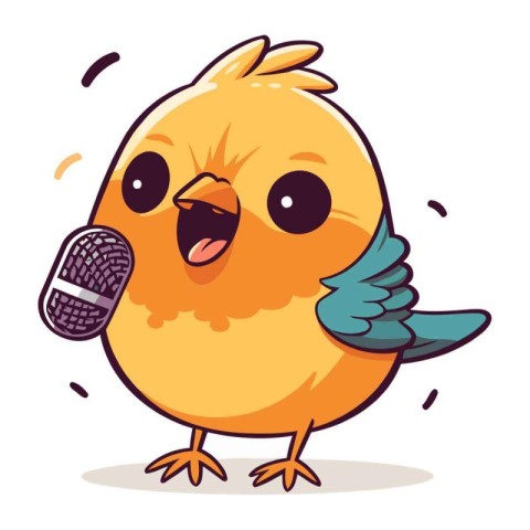 Cute cartoon bird singing karaoke with microphone. Vector illust