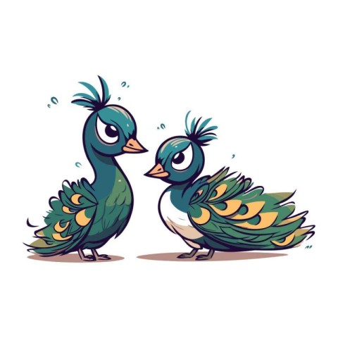 Vector illustration of two cute cartoon peacocks isolated on whi