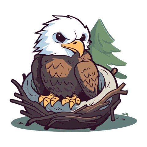 Illustration of a Bald Eagle sitting in a nest on a tree