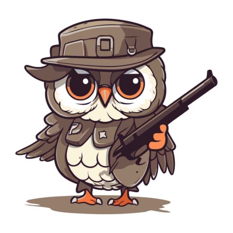 Owl with a gun in his hand. Cartoon vector illustration.