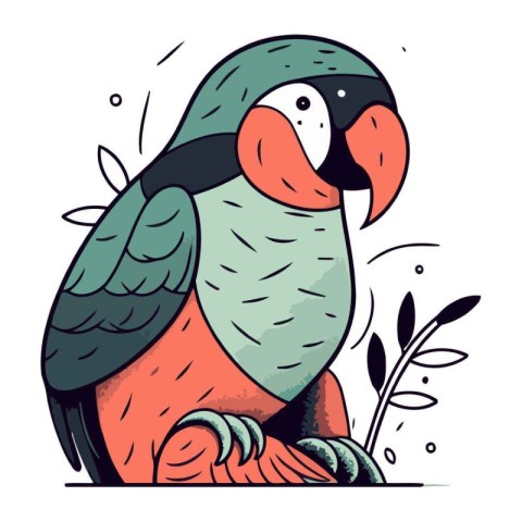 Parrot sitting on a branch. Hand drawn vector illustration in ca