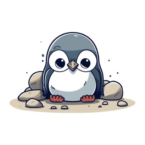 Cute cartoon penguin standing on the rock. Vector illustration.