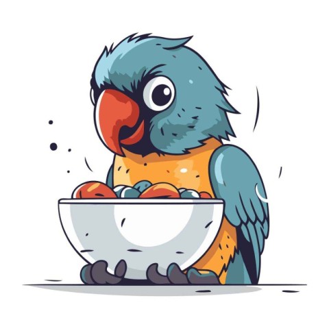 Cute parrot with bowl of food. Vector cartoon illustration.