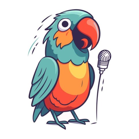 Parrot singing karaoke. Vector illustration in cartoon style.