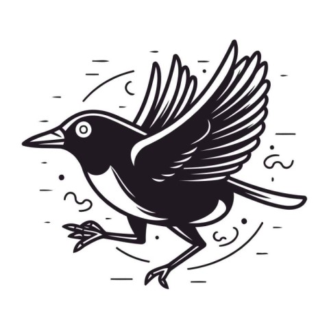 Crow in flight. Black and white vector illustration isolated on