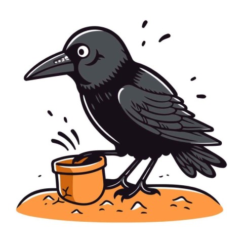 Crow with bucket of water. Vector illustration of a black crow.