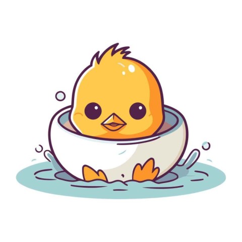 Cute little yellow chicken in a bowl of water. Vector illustrati