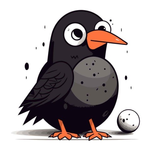 Cute black crow with a ball on a white background. Vector illust