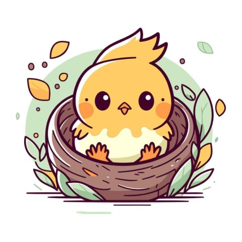 Cute little chick in a nest with leaves. Vector illustration.