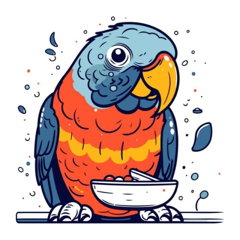 Parrot with a bowl of cereals. Vector illustration in cartoon st