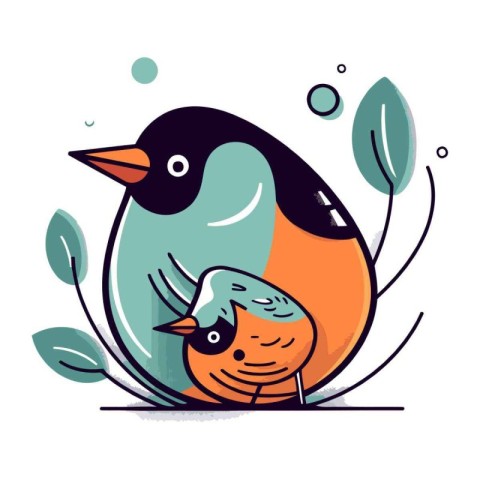 Vector illustration of a cute little bullfinch with a chick.