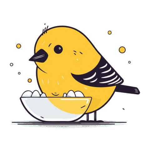 Cute little bird with a bowl of water. Vector illustration.