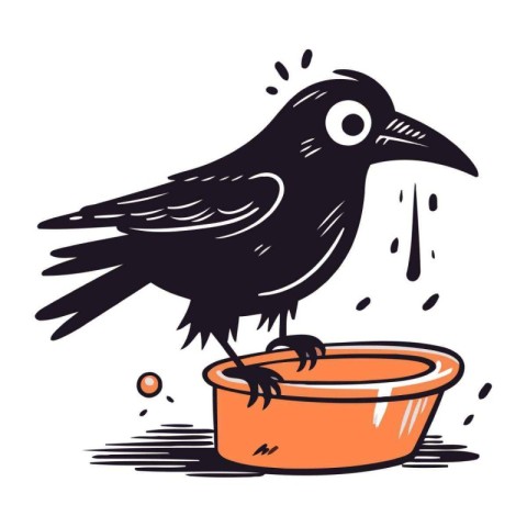 Crow and bowl of water. Vector illustration in doodle style.