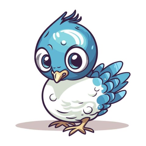 Cute cartoon blue bird isolated on white background. Vector illu