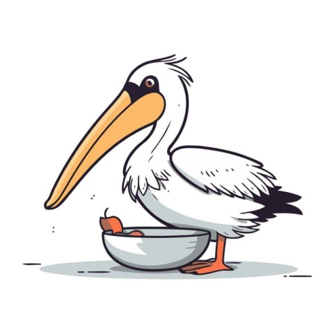 Pelican eating food from bowl. Vector illustration in cartoon st