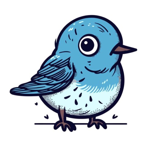 Cute cartoon blue bird with big eyes. Hand drawn vector illustra