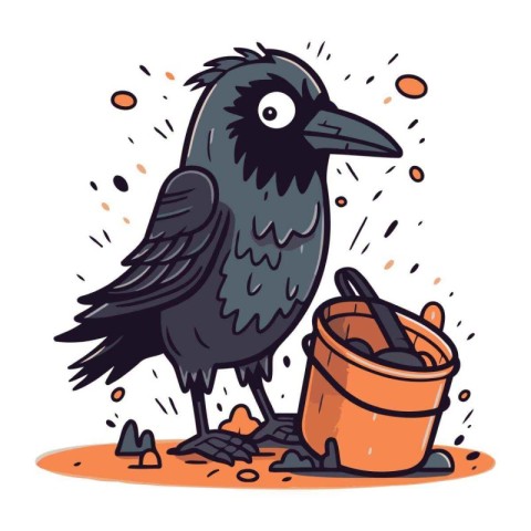 Crow and bucket of water. Vector illustration in cartoon style.