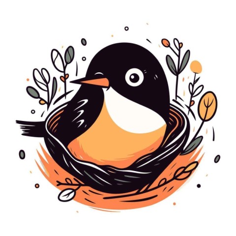 Vector illustration of a cute penguin in the nest with leaves.