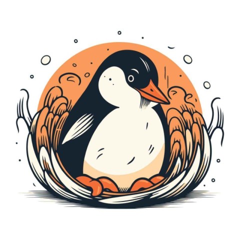 Cute penguin in the nest. Hand drawn vector illustration.