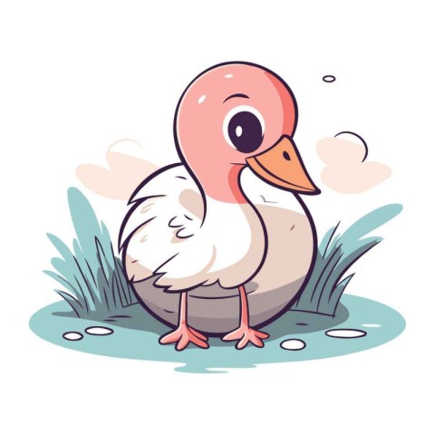 Vector illustration of a cute duckling standing in the grass. Ca