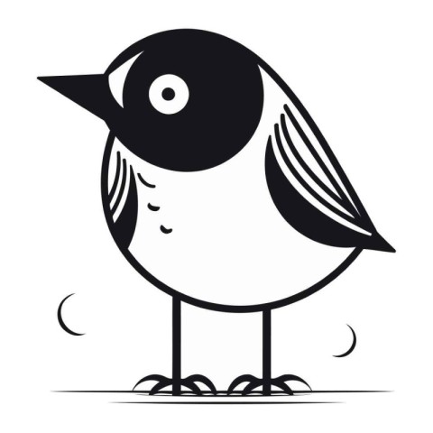 Black and white vector illustration of a cute little bird on a w